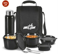 Milton Pro Lunch Tiffin (3 Microwave Safe Inner Steel Containers, 180/320/450 ml; 1 Plastic Chutney Dabba,100 ml; 1 Aqua Steel Bottle, 750 ml, Steel Spoon and Fork) With Insulated Fabric Jacket, Black