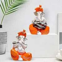 Xtore Musical Ganesha Pair for Home Decor | Brings Prosperity - (Orange and White, Pack of 2)(Resin)