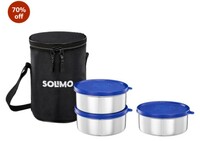 Amazon Brand - Solimo Executive Lunch Box Set | Stainless Steel Containers - Set of 3 x 400 ML & Insulated Easy-to-Carry Lunch Bag for School, College, Office Use - Blue