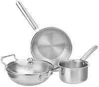 Lifelong Triply Kadai, Frypan & Saucepan for Cooking | Stainless Steel 22 cm Kadai & Fry Pan with Glass Lid | 14 cm Sauce Pan | Induction Bottom & Gas Stove Cookware (Silver, LLOTPC01