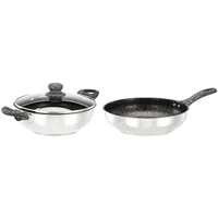 2pcs Impact Bottom Stainless Steel with Nonstick Cookware Sets(Kadai 24 cm with Glass lid+Fry Pan 24 cm)-Soft Touch Handles and Knob