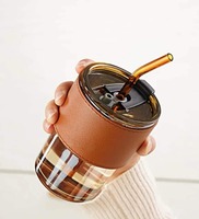 Assorted 400 ml Glass Coffee Tumbler With Straw & Anti-Slip Leather Sleeve 1 Pc