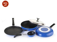 Crystal Eco Series Non Stick Cookware Set, 5 Pcs, Royal Blue | 2.5 mm Thickness | PFOA Free Non Stick Coating | Tawa 250 mm | Fry Pan 240 mm | Kadai with Steel lid 240 mm | Tadka pan/Vaghariya