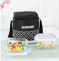 BOROSIL-  2Pcs Square Glass Lunch Box With Lunch Bag