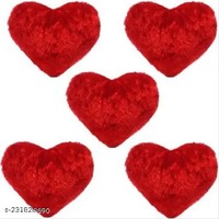 Pack of 5 Heart Shape Fur Cushion Microfibre Solid Cushion (Red)
