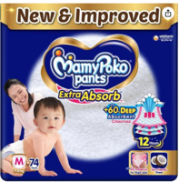 MamyPoko Pants Extra Absorb Baby Diapers, Medium (M), 74 Count, 7-12kg. & more with coupons