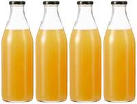 Amazon Brand - Solimo Glass Milk Bottle with Metal Lid for Milk, Smoothies, Juices | Leak-Proof | Set of 4 | 1000 ml