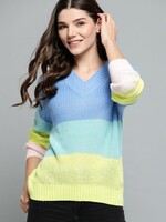 Mast & Harbour Women Blue Colourblocked Pullover Sweater