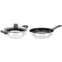 amazon basics 2pcs Impact Bottom Stainless Steel with Nonstick Cookware Sets(Kadai 24 cm with Glass lid+Fry Pan 24 cm)-Soft Touch Handles and Knob