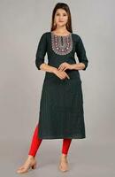 Glowworld Women Dark Green Embroidered Cotton Kurta