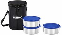 Amazon Brand - Solimo Executive Lunch Box Set | Stainless Steel Containers - Set of 3 x 400 ML & Insulated Easy-to-Carry Lunch Bag for School, College, Office Use - Blue