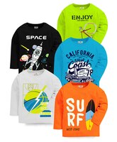 KUCHIPOO Pack Of 5 Cotton Full Sleeves Space Theme & Car Printed Tees - Green Black Blue White & Orange