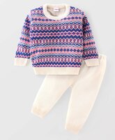 Babyhug Knit Full Sleeves Sweater Set With Aztec Design - Purple