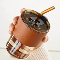 Assorted : 400 ml Glass Coffee Tumbler With Straw - 1 Pc