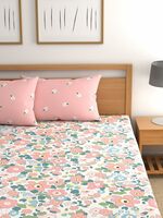 LOOMLYFE Cotton Feel Glace Cotton Elastic Fitted Printed King Size Double Bed Bedsheet With 2 Pillow Covers Fits Upto 8 Inches Mattress,Size- 72X78X10 Inches,Pinkflower, 300 Tc
