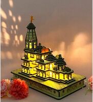 OXMIC Ram Mandir Ayodhya Model 3D Replica Handcrafted Wooden Traditional - Intricate MDF Craftsmanship, Authentic Design with multicolour light, size (6x4) inch