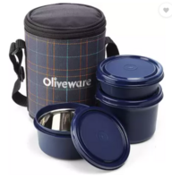 Oliveware New Mini Insulated Tiffin with 2 , Each, Orange 3 Containers Lunch Box (1350 ml)
