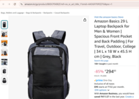 Amazon Basics 29 L Laptop Backpack for Men & Women | Spacious Front Pocket and Back Padding | For Travel, Outdoor, College | 34 L x 18 W x 45.5 H cm | Grey, Black