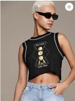 Roadster  Women Printed, Typography Round Neck Cotton Blend Black T-Shirt