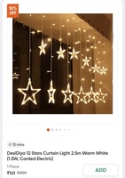 Swiggy - DesiDiya 12 Stars Curtain Light 2.5m Warm White
(1.5W, Corded Electric)