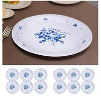 USHA SHRIRAM Melamine 12 Plate Set | Fibre Dinner Set for Family |Melamine Set | Unbreakable | Heat Resistant| Durable| Shatter Resistant| Light Weight| BPA Free (Round- Corel Blue)