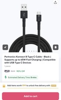Portronics Konnect B Type C Cable - Black |
Supports up to 65W Fast Charging | Compatible with USB Type C Devices