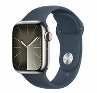 Apple Watch Series 9 [GPS + Cellular 41mm] Smartwatch with Silver Stainless steel Case with Storm Blue Sport Band S/M. Fitness Tracker, Blood Oxygen & ECG Apps,Always-On Retina Display,Water Resistant