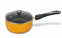 Preethi Dura Collection Non Stick Milk Pan | 16 cm | Glass Lid | Gas & Induction Compatible | 5 Star Non Stick Effect | Turmeric Yellow |