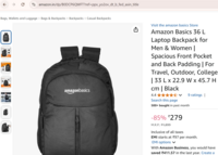 Amazon Basics 36 L Laptop Backpack for Men & Women | Spacious Front Pocket and Back Padding | For Travel, Outdoor, College | 33 L x 22.9 W x 45.7 H cm | Black