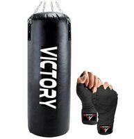 VICTORY Heavy Synthetic Leather Boxing Punching Bag Black | Hand Wrap | Stainless Steel Hanging Chain | Boxing | MMA | Kickboxing | Muay Thai | Karate | Judo | Taekwondo (3 Feet)