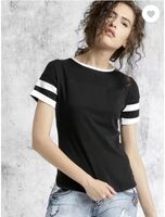 Roadster Women Striped Round Neck Cotton Blend Black T-Shirt