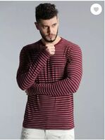 UrGear  Men Striped Round Neck Pure Cotton Maroon T-Shirt