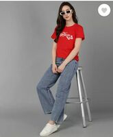 Women Printed Round Neck Cotton Blend Red T-Shirt