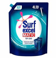 Surf Excel Matic Top Load Liquid Detergent 4L Refill Pouch, Specially designed to remove Tough Dried Stains, 1st time in Washing Machine