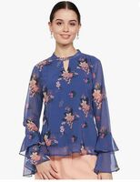 Amazon Brand - Eden & Ivy Women's Printed Georgette Round Neck Bell Sleeve Regular Fit Top