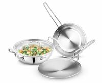 Bergner BE Essentials Triply Stainless Steel 4 Pcs Cookware Set - 24cm (3.1L) Kadai, 24cm Frypan, Common Flat Glass Lid, 26cm Roti Tawa, Less Oil Use, Even Heat Distribution - Full Induction Bottom