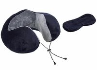 amazon basics Premium Travel Neck Pillow + Sleeping Eye Mask Combo with Portable Bag| Ergonomic | Orthopedic Support | Super Soft Fabric | Ideal for Flight, Car & Travel Comfort (Navy Blue & Gray)