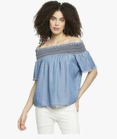 Pepe Jeans Women's Round Neck Textured Off Shoulder Regular Fit Top