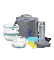 Treo - Premier 8 Pcs Transparent & Blue Glass & Stainless Steel Lunch Box With Bag