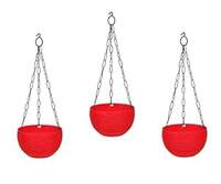 GTB Hanging PLANTERS Round Shape Garden Hanging Flower Port | Plastic Flower Pot | Hanging Planter | Metal Hanging Chain | Flower Pots for Home Garden Balcony Pack of 3 (RED)