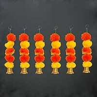 eCraftIndia Yellow Orange Artificial Marigold Flower Garland with Golden Bells (Pack of 6) - Artificial Flowers Wall/Door Hanging, Toran, Bandanwar for Home Decor - Ganpati, Diwali Decoration Items