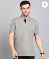 3BROS Men Solid Polo Neck Cotton Blend Grey T-Shirt @ 299/-