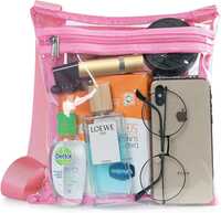 BigPlayer Women’s Clear Vinyl Cross-Body Purse; Stadium Approved with Adjustable Strap and Extra Inside Pocket; Pink