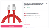 boAt Type C A750 Data Cable w/ 6.5A Super Fast Charging & 480Mbps Data Sync (Radiant Red){Maybe Account Specific}