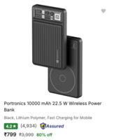 Portronics 10000 mAh 22.5 W Wireless Power Bank (Black, Lithium Polymer, Fast Charging for Mobile)