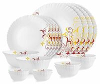 Cello Opalware Dazzle Series Yellow Scroll Dinner Set, 18Pcs | Opal Glass Dinner Set for 4 | Light-Weight, Daily Use Crockery Set for Dining | White Plate and Bowl Set