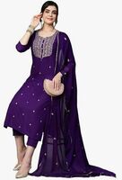 GoSriKi Women's Cotton Blend Embroidered Straight Kurta with Pant & Dupatta