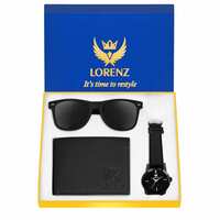 LORENZ Leather Analog Men's Gift Set Combo Of Black Watch Wallet & Sunglasses | Cm-103Sn-Wl-BlkLORENZ Leather Analog Men's Gift Set Combo Of Black Watch Wallet & Sunglasses | Cm-103Sn-Wl-Blk