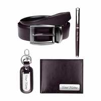 The Wallet Store Personalized Wallet Pen Key Chain & Belt Combo Gift Set for Men | with Name | Vegan Leather | Best Combo for Brother, Husband, Father, Boyfriend, Etc (BROWN-PN03-KC14-BT01-WL15)