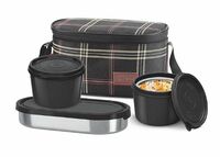 Milton Decker Lunch Box with Insulated Fabric Jacket, 3 Containers (1 Oval Stainless Steel 450 ml, 2 Inner Stainless Steel 450 ml), Microwave Safe & Leak-Proof Tiffin for Office, School, College,Black
